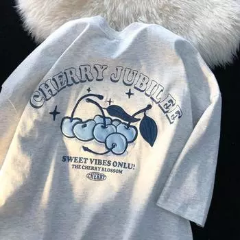 Женская футболка из чистого хлопка в стиле ретро, милая и милая с вишневым принтом, летняя модная тенденция, повседневный удобный топ с короткими рукавами для пар, Harajuku M светло-серый