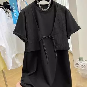 Женская футболка из двух предметов большого размера, летняя свободная женская футболка с круглым вырезом и пуговицами в китайском стиле, свободный однотонный корейский топ onesize чёрный