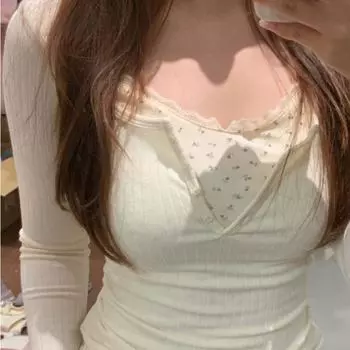 Женская футболка из двух предметов с милым цветочным принтом, тонкий укороченный топ с длинными рукавами, лоскутные кружевные футболки Y2k, эстетичная мода S бежевый