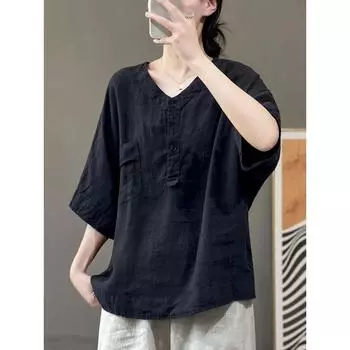 Женская футболка из хлопка и льна, однотонная, с короткими рукавами и карманами, летняя XXXXL белый