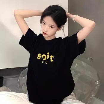 Женская футболка из хлопка с рисунком в стиле ретро: 2025 г. Свободный летний топ с короткими рукавами M (Up to 100 lbs recommended) серый/белый