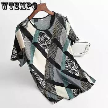 Женская футболка из ледяного шелка с тонким верхом, свободная нижняя рубашка с короткими рукавами, повседневный пуловер с круглым вырезом, модный топ с ромбовидным узором, темпераментная футболка XXXL красный