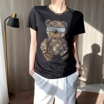 Женская футболка из мерсеризованного хлопка с круглым вырезом и дизайном из страз - Летняя коллекция 2025 XL чёрный