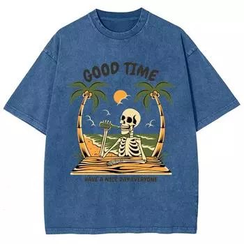 Женская футболка из вареного денима, оверсайз, с принтом черепа, круглым вырезом, свободного кроя, нейтральная, с коротким рукавом, красивая крутая футболка S