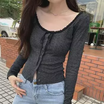 Женская футболка-кардиган с длинным рукавом из французского кружева на весну