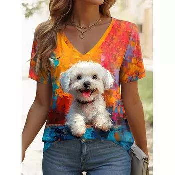 Женская футболка Kawaii Animal Graphic Fashion с короткими рукавами и V-образным вырезом, обычные топы с принтом на каждый день, летние и весенние повседневные топы S