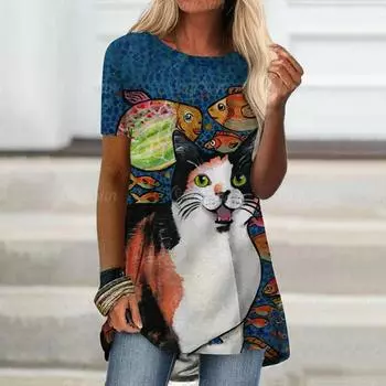 Женская футболка Kawaii Cat, летняя футболка с круглым вырезом и короткими рукавами, повседневная женская одежда, уличная одежда, свободная футболка для женщин, мода S