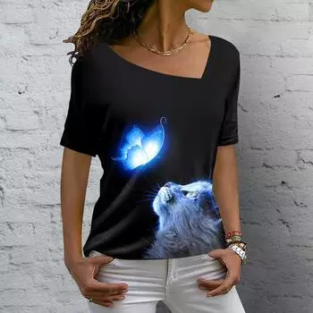 Женская футболка Kawaii Cat Print 3D футболка Топ для девочек Y2k Одежда Летние футболки с короткими рукавами с v-образным вырезом Повседневная праздничная женская футболка 5XL