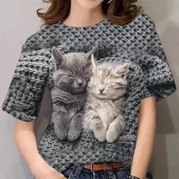 Женская футболка Kawaii Cat Print 3D футболка Топ для девочек Y2k Одежда Летние футболки с короткими рукавами с v-образным вырезом Повседневная праздничная женская футболка S