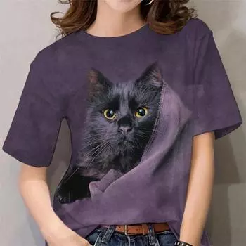 Женская футболка Kawaii Cat Print 3D футболка Топ для девочек Y2k Одежда Летние футболки с короткими рукавами с v-образным вырезом Повседневная праздничная женская футболка S