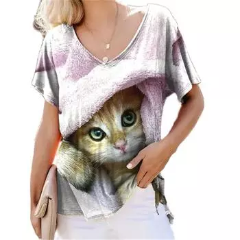 Женская футболка Kawaii Cat с цифровым 3D принтом, модный пуловер, подходит для всех сезонов, на каждый день, с короткими рукавами, полиэстер, с круглым вырезом M