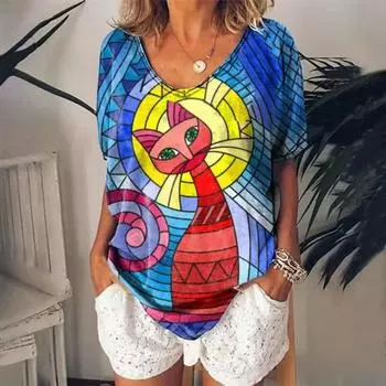 Женская футболка Kawaii Cat в стиле Харадзюку, рубашка с коротким рукавом и v-образным вырезом, свободная женская футболка большого размера, повседневная женская одежда Y2k, топ, блузка XL