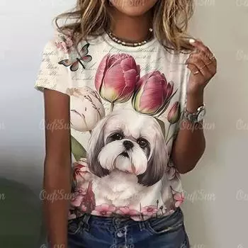 Женская футболка Kawaii с принтом щенка, одежда Харадзюку для дам, повседневный стиль, футболки с коротким рукавом, топы Hundred Streetwear с круглым вырезом XS