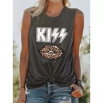 Женская футболка KISS с леопардовым принтом и принтом губ. Белая футболка без рукавов. Футболки. Креатив. Уличная футболка. Индивидуальная повседневная одежда. S