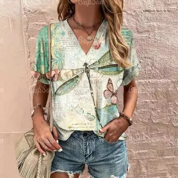 Женская футболка, классические футболки с принтом природных пейзажей, летние женские топы с v-образным вырезом и короткими рукавами, женская одежда оверсайз, повседневная блузка M