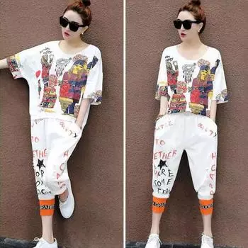 Женская футболка, комплект из 2 шт./компл., комплект брюк в стиле хип-хоп с принтом и V-образным вырезом, топ с короткими рукавами, укороченные брюки с ремешками на щиколотке, уличная одежда, дорожная повседневная одежда M красный