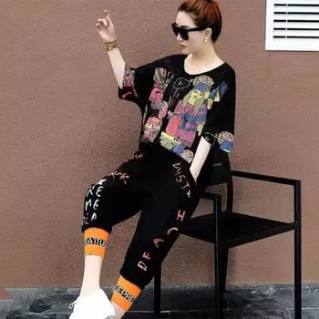 Женская футболка, комплект из 2 шт./компл., комплект брюк в стиле хип-хоп с принтом и V-образным вырезом, топ с короткими рукавами, укороченные брюки с ремешками на щиколотке, уличная одежда, дорожная повседневная одежда M белый
