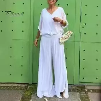 Женская футболка, комплект из 2 шт./компл., комплект брюк с V-образным вырезом и рукавами «летучая мышь», однотонный топ, свободная эластичная резинка на талии, длинные брюки, повседневная повседневная одежда, наряд XXL фиолетовый