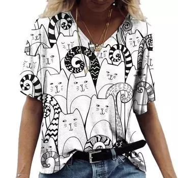 Женская футболка, летние футболки с v-образным вырезом, женские футболки с рисунком кота в стиле ретро, топы с короткими рукавами, милый пуловер, одежда 6XL