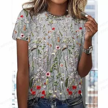 Женская футболка, летние топы, футболка с цветочным 3d принтом, женские модные футболки, повседневные топы в стиле Харадзюку, футболки, женская футболка, футболка большого размера S