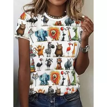 Женская футболка Летние топы Графический Животный Классический Повседневный Короткий рукав Круглый вырез Кроп S