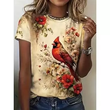 Женская футболка, летние топы с графическим принтом птиц, классические повседневные укороченные топы с коротким рукавом и круглым вырезом, повседневные выходные с принтом Радуга, лето, весна, осень S