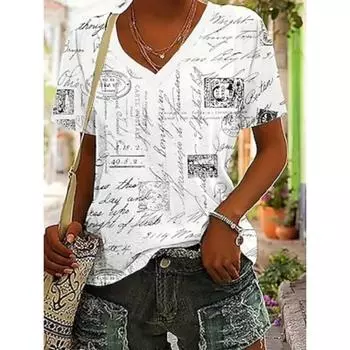 Женская футболка, летние топы с графическими буквами, классические повседневные укороченные топы с коротким рукавом и V-образным вырезом, повседневные, выходные, принт, лето, весна S