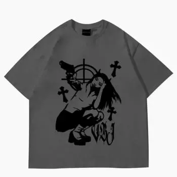 Женская футболка летний топ Harajuku свободный белый графический короткий рукав принт корейская мода хлопок эстетика Y2k уличная одежда S чёрный