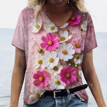 Женская футболка Летняя 3D Цветочная футболка Женская одежда больших размеров Дизайнерская рубашка с коротким рукавом Женская футболка с V-образным вырезом S