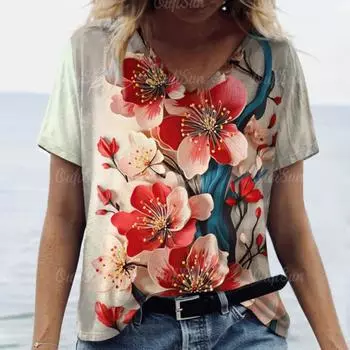 Женская футболка, летняя футболка с 3D цветочным принтом, женская одежда больших размеров, дизайнерская рубашка большого размера с коротким рукавом, женская блузка с v-образным вырезом S