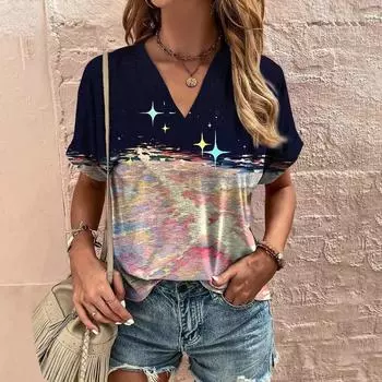 Женская футболка, летняя футболка с v-образным вырезом и короткими рукавами, модная повседневная футболка с водным принтом, ретро одежда в стиле Харадзюку, женская футболка, новинка XL