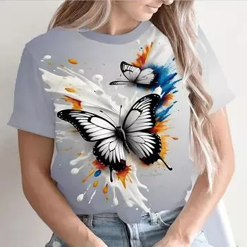 Женская футболка, летняя футболка с v-образным вырезом и коротким рукавом, с принтом бабочки, 3D футболки, милые топы для девочек, модная футболка большого размера, женская одежда XS