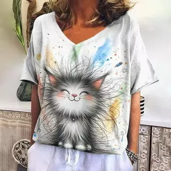 Женская футболка, летняя футболка с V-образным вырезом для женщин, повседневная модная футболка с коротким рукавом, повседневная футболка с 3D-принтом, женская одежда S