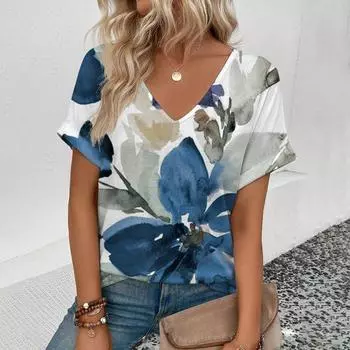 Женская футболка, летняя футболка с V-образным вырезом для женщин, повседневная модная футболка с коротким рукавом, повседневная футболка с 3D-принтом, женская одежда S