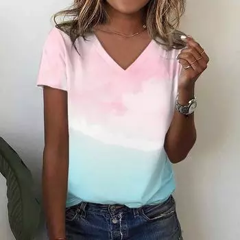 Женская футболка, летняя футболка с V-образным вырезом для женщин, повседневная модная футболка с коротким рукавом, повседневная футболка с 3D-принтом, женская одежда S