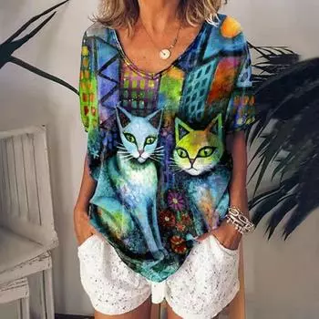 Женская футболка, летняя футболка с V-образным вырезом для женщин, повседневная модная футболка с коротким рукавом, повседневная футболка с 3D-принтом, женская одежда S