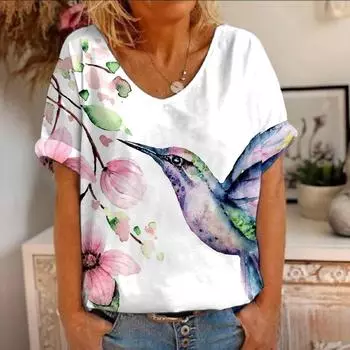 Женская футболка, летняя футболка с V-образным вырезом для женщин, повседневная модная футболка с коротким рукавом, повседневные футболки с 3D-принтом S
