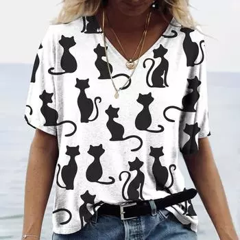 Женская футболка, летняя футболка с V-образным вырезом для женщин, повседневная модная футболка с коротким рукавом, повседневная футболка с 3D-принтом, женская одежда M