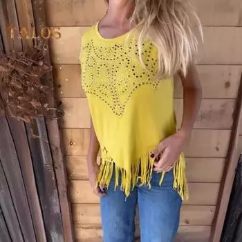 Женская футболка, летняя футболка свободного покроя с короткими рукавами и круглым вырезом, пуловер с кисточками и кисточками, топы XL белый