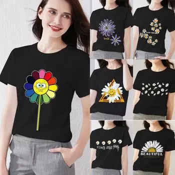 Женская футболка, летняя красивая футболка с рисунком ромашки для женщин, повседневные черные топы с короткими рукавами с принтом, женская одежда S