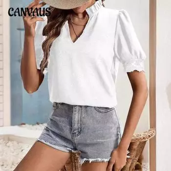 Женская футболка Летняя мода с v-образным вырезом и рукавами-фонариками, кружевные топы с короткими рукавами S чёрный