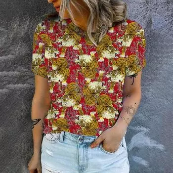 Женская футболка, летняя модная футболка, популярная футболка с цветочным леопардовым принтом, свободная футболка для отдыха, футболка с круглым вырезом S