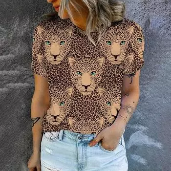 Женская футболка Летняя модная футболка Популярная футболка с цветочным леопардовым принтом Футболка свободного покроя с круглым вырезом Футболки XS