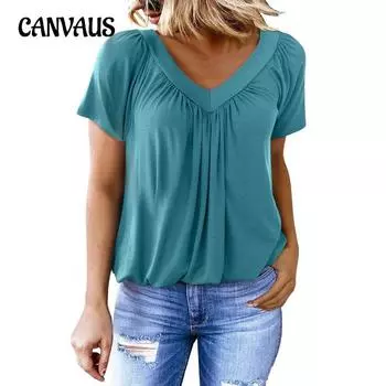 Женская футболка, летняя однотонная футболка с v-образным вырезом, свободные топы с короткими рукавами