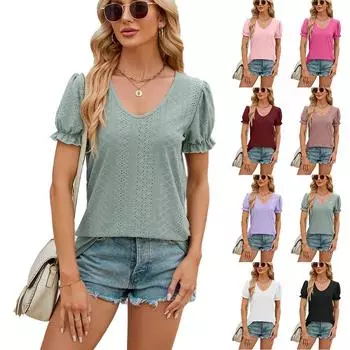 Женская футболка, летняя однотонная модная футболка с U-образным вырезом, свободный пуловер, топ с короткими рукавами S белый