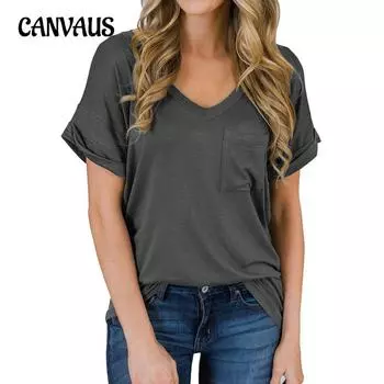 Женская футболка, летняя однотонная свободная повседневная футболка с v-образным вырезом и карманами, короткий рукав S чёрный