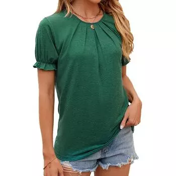 Женская футболка, летняя плиссированная блузка с круглым вырезом, футболка с объемными рукавами S белый