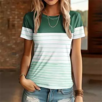 Женская футболка, летняя полосатая футболка с коротким рукавом, модная зеленая женская футболка с круглым вырезом, повседневная новая женская футболка, пуловер, домашняя одежда XL