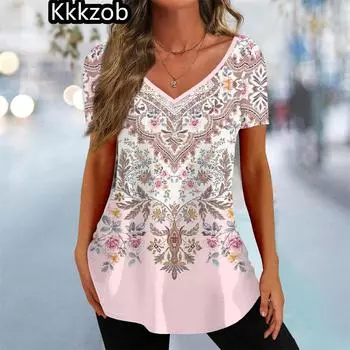 Женская футболка Летняя полосатая принт градиентная одежда V-образный вырез короткий рукав базовые топы уличная мода большие футболки для девочек S