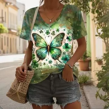 Женская футболка летняя повседневная уличная блузка с V-образным вырезом и короткими рукавами Печатный рисунок универсальная Большой размер свободная удобная короткая XXXL